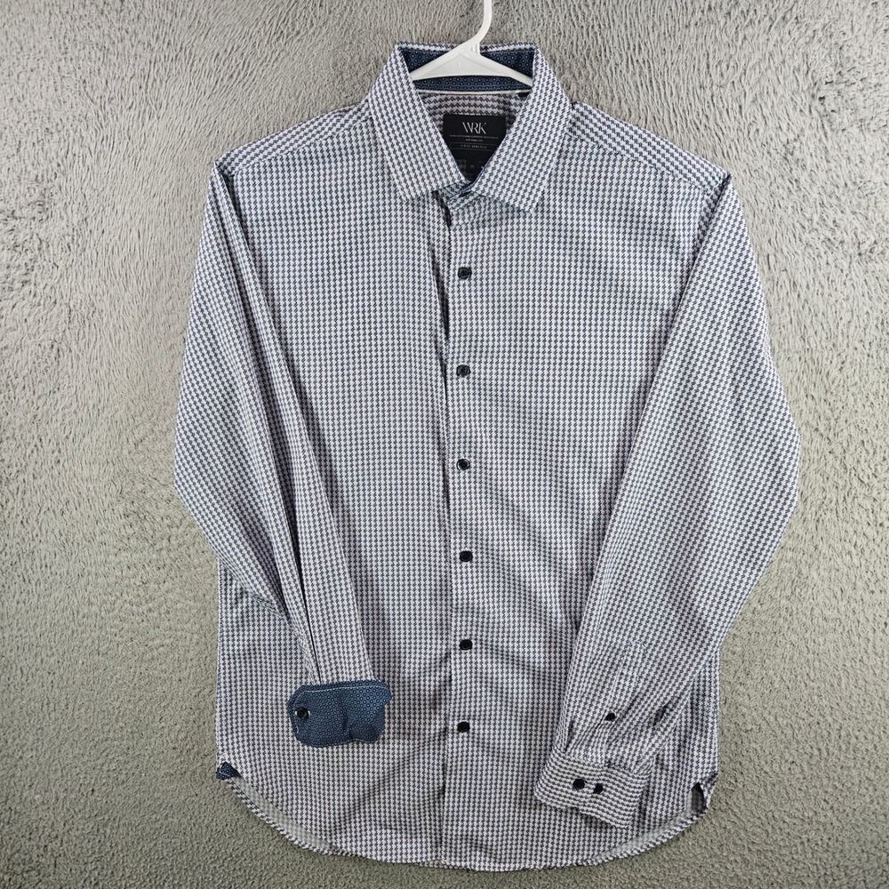 WRK Mens 16 Dress Shirt Blue Geometric 4-Way Stretch Long Sleeve Button Down